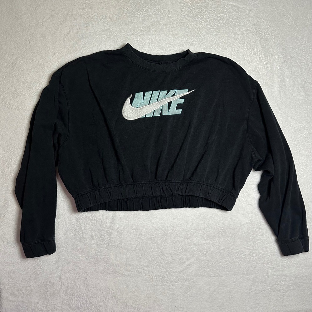 Nike Womens XL Cropped Sweatshirt Black Teal Embroidered Logo Pullover Retro Y2K